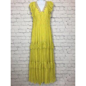 Ciebon Ryva Galey Metallic Stripe Ruffle Tiered Maxi Dress Size S Yellow